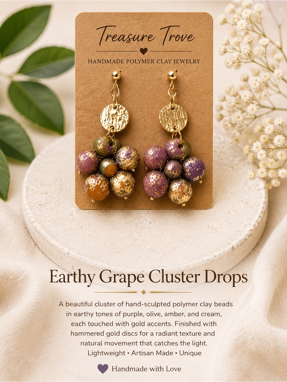 Earthy Grape Cluster Drop Earrings - Gold, Purple, Olive, Amber